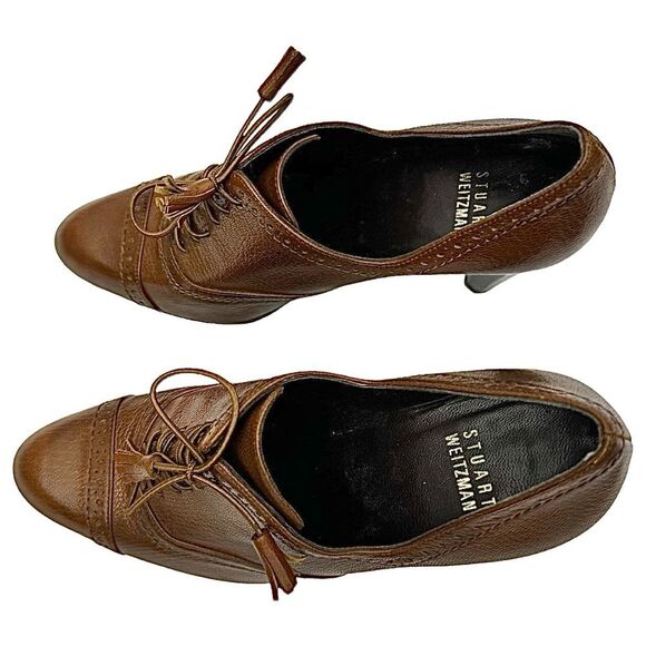 Stuart Weitzman Brogue Platform Ankle Heels Brown 6.5M Leather Made in Spain - Picture 8 of 14